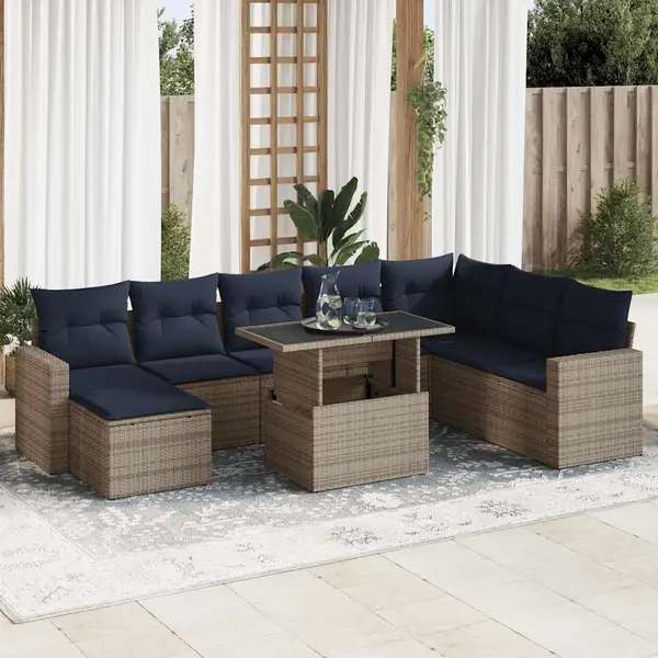 Gossi set canapele gradina cu perne 9 piese gri poliratan/lemn acacia