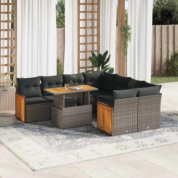 Gossi set canapele gradina cu perne 9 piese gri poliratan/lemn acacia