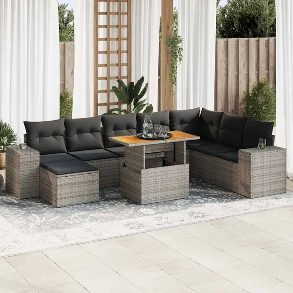 Gossi set canapele gradina cu perne 9 piese gri poliratan/lemn acacia