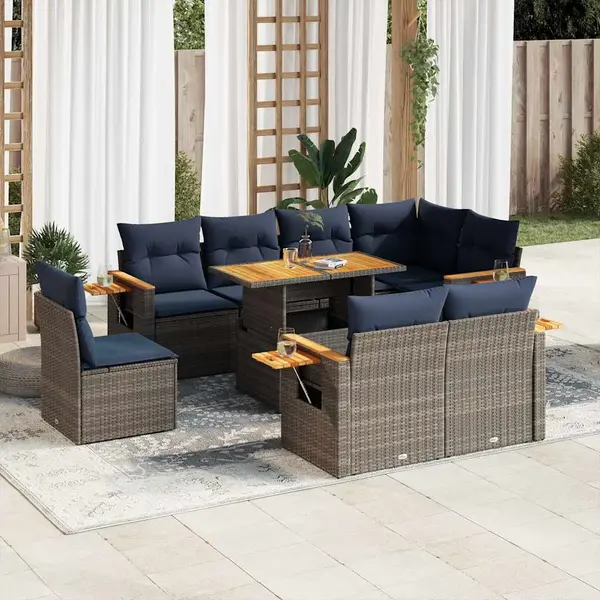 Gossi set canapele gradina cu perne 9 piese gri poliratan/lemn acacia