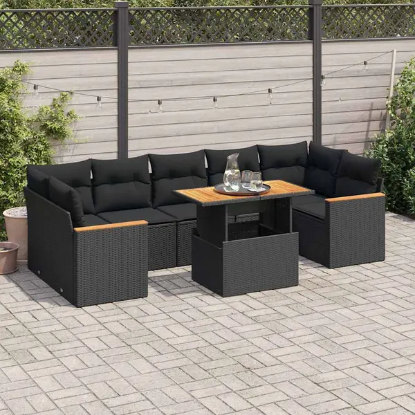 Gossi set canapele gradina perne 7 piese negru, poliratan/lemn acacia