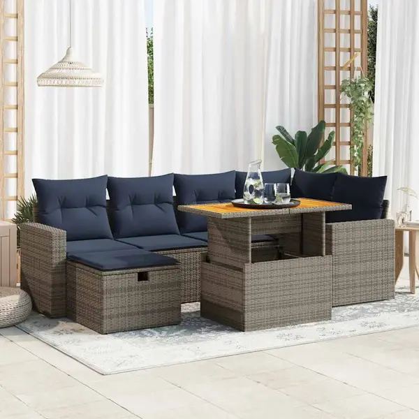Gossi set canapele gradina perne 7 piese negru, poliratan/lemn acacia