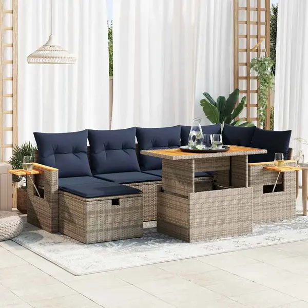 Gossi set canapele gradina perne 7 piese negru, poliratan/lemn acacia