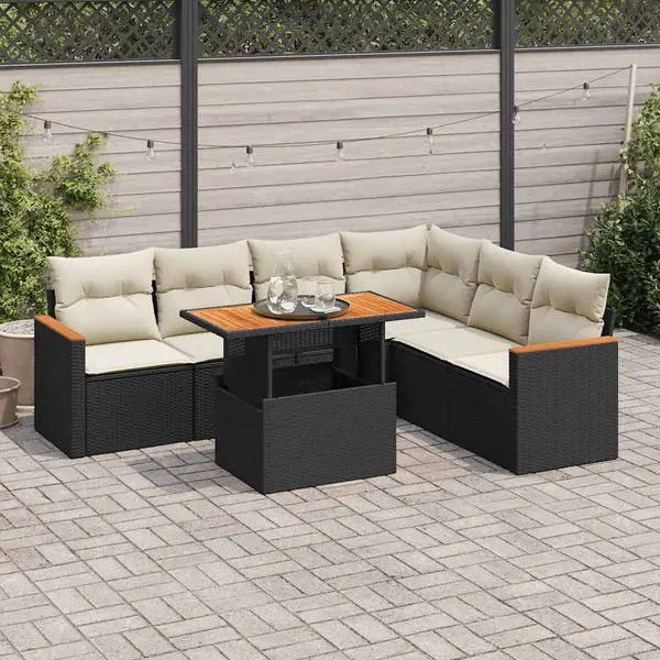 Gossi set canapele gradina perne 7 piese negru, poliratan/lemn acacia