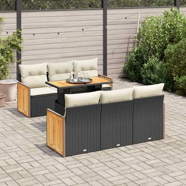 Gossi set canapele gradina perne 7 piese negru, poliratan/lemn acacia