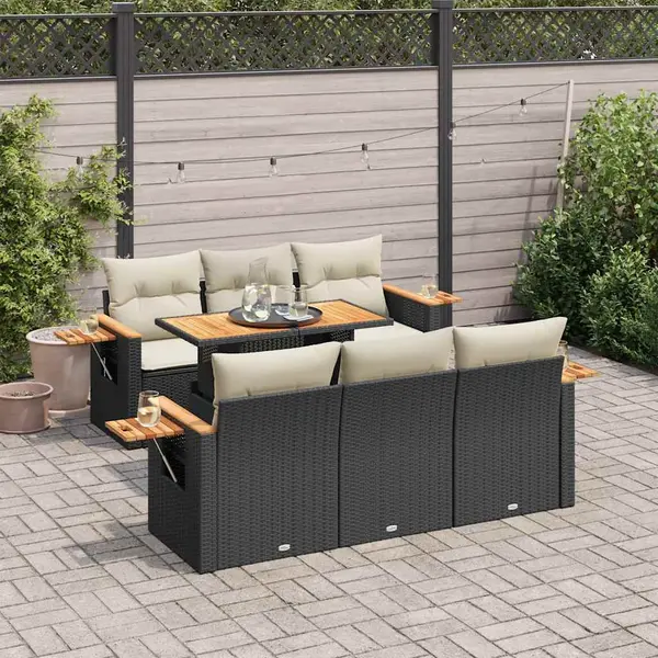 Gossi set canapele gradina perne 7 piese negru, poliratan/lemn acacia