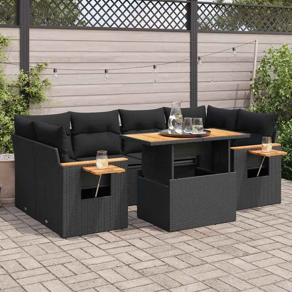 Gossi set canapele gradina perne 7 piese negru, poliratan/lemn acacia