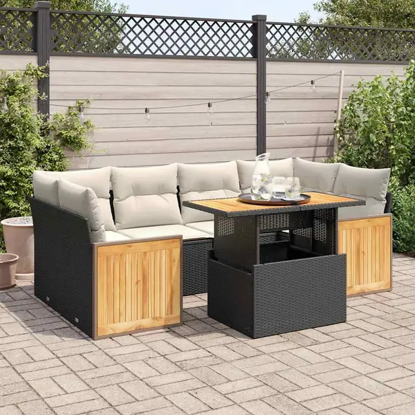 Gossi set canapele gradina perne 7 piese negru, poliratan/lemn acacia