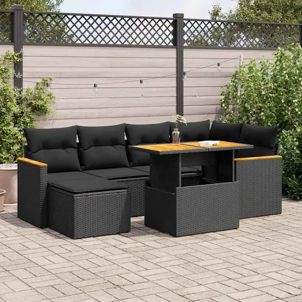 Gossi set canapele gradina perne 7 piese negru, poliratan/lemn acacia