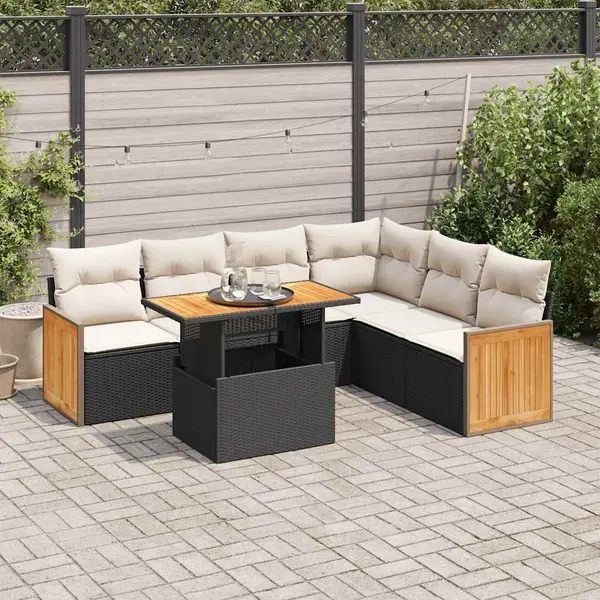 Gossi set canapele gradina perne 7 piese negru, poliratan/lemn acacia