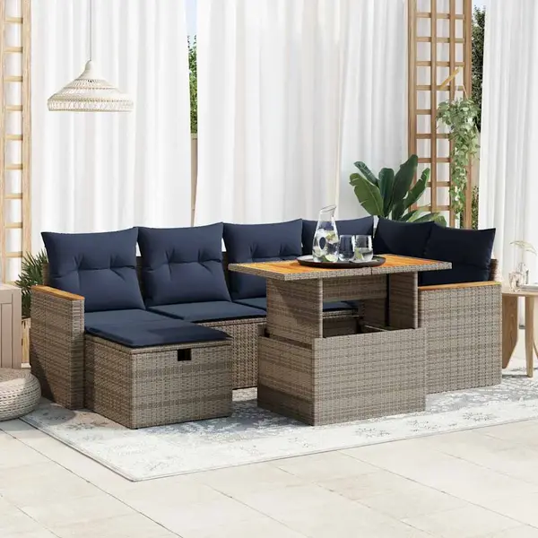 Gossi set canapele gradina perne 7 piese negru, poliratan/lemn acacia