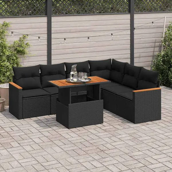 Gossi set canapele gradina perne 7 piese negru, poliratan/lemn acacia