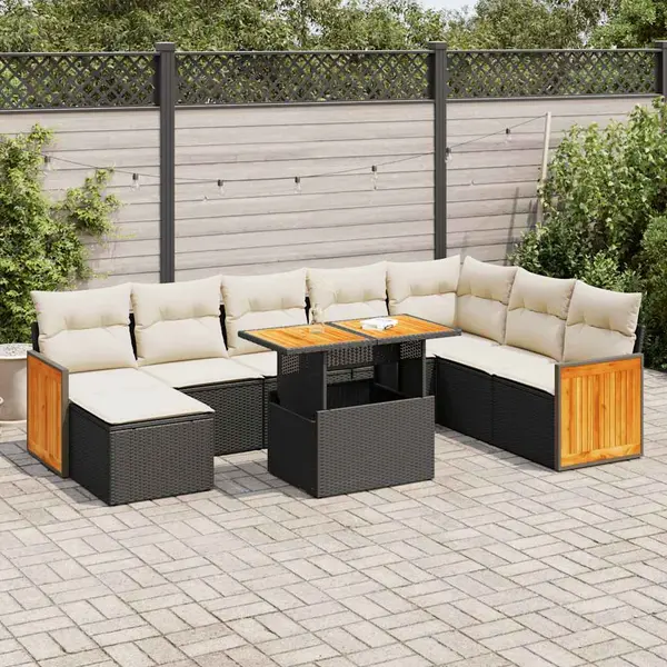 Gossi set canapele gradina perne 7 piese negru, poliratan/lemn acacia