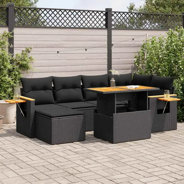 Gossi set canapele gradina perne 7 piese negru, poliratan/lemn acacia