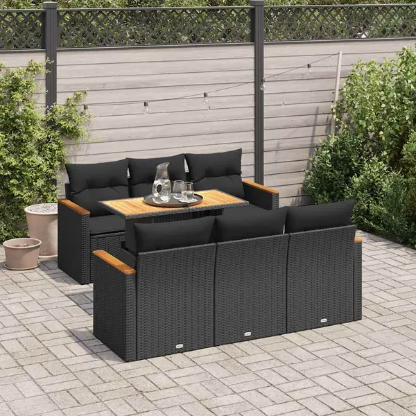 Gossi set canapele gradina perne 7 piese negru, poliratan/lemn acacia