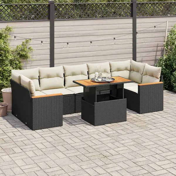 Gossi set canapele gradina perne 7 piese negru, poliratan/lemn acacia