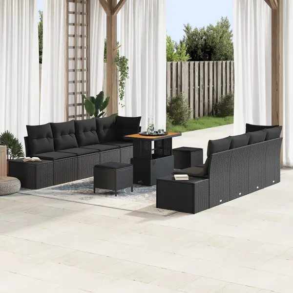 Gossi set de 11 piese pentru gradina cu perne negru poliratan acacia, Gossi sofa pentru gradina cu 2 locuri cu depozitare & perne negru poliratan, Gossi set de dining pentru gradina cu 3 piese cu perne negru poliratan acacia