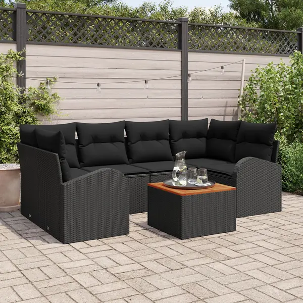 Gossi set de 7 piese sofa de gradina cu pernute negru poliratan acacia
