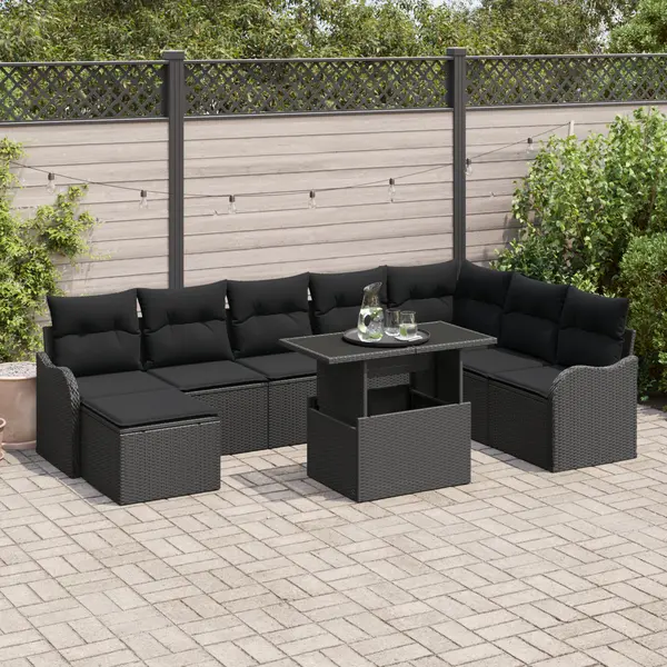 Gossi set de 9 piese canapea gradina cu perne negru poliratan, Gossi canapea gradina pentru doua persoane cu perne negru poliratan