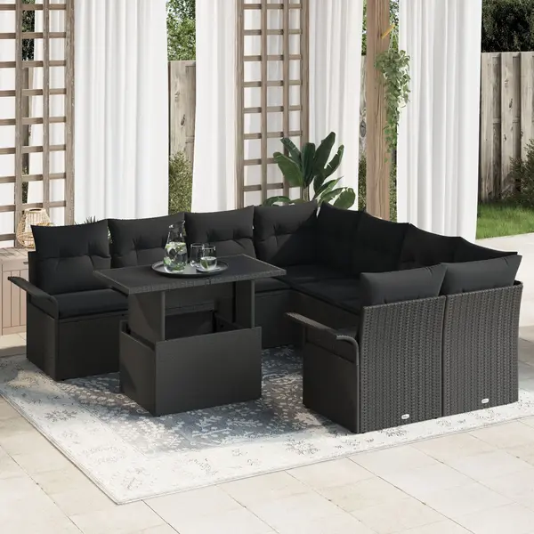 Gossi set de 9 piese de sofa de gradina cu perne negru poliratan