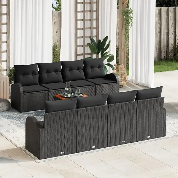 Gossi set de 9 piese pentru gradina cu perne negre din poliratan acacia