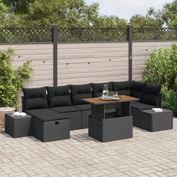 Gossi set de canapea de 8 piese cu perne, negru, rattan polimeric