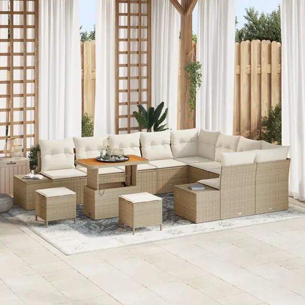 Gossi set de canapea de gradina 12 piese cu perne bej rattan polietilenic acacia, Gossi set de masa de gradina 3 piese cu perne bej rattan polietilenic acacia, Gossi canapea de gradina cu 2 locuri si perne bej rattan polietilenic