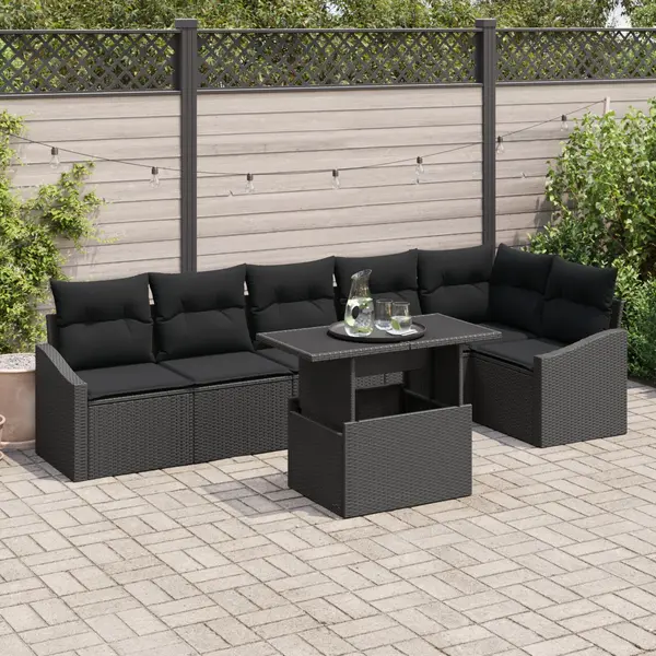 Gossi set de canapea de gradina 7 piese cu perne poliratan negru
