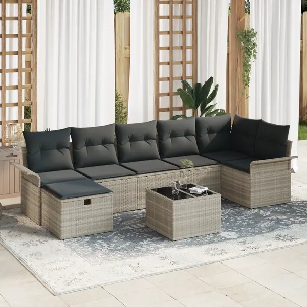 Gossi set de canapea de gradina 8 piese cu perne gri deschis din ratan poli