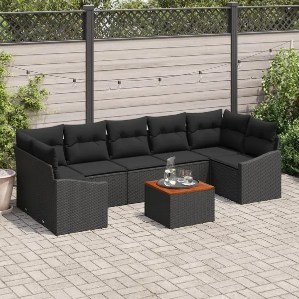 Gossi set de canapea de gradina , 8 piese cu perne, ratan plastic negru si lemn de acacia