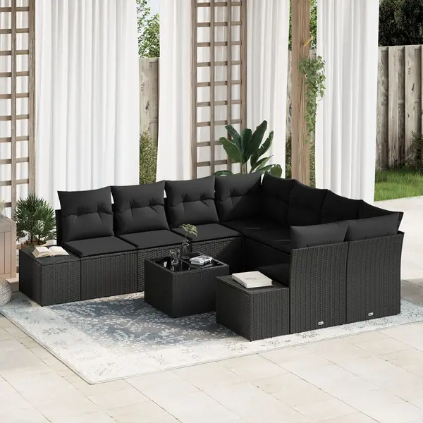 Gossi set de canapea de gradina 9 piese cu perne negru poliratan