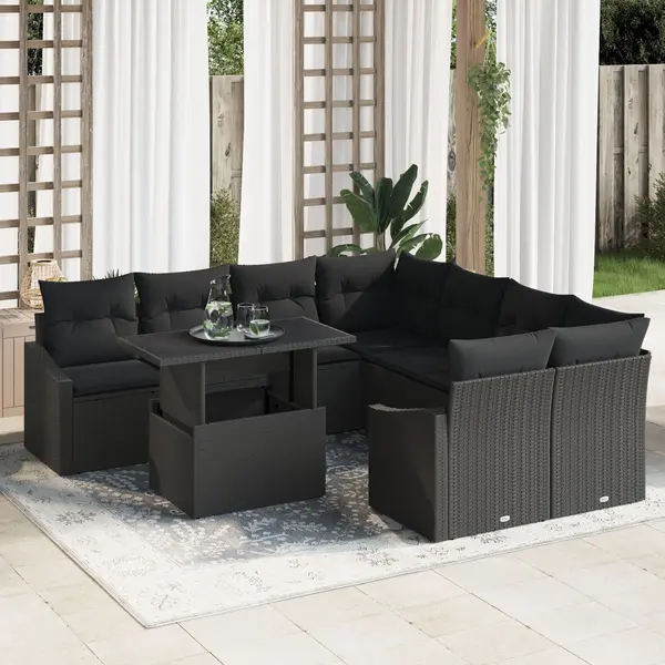 Gossi set de canapea de gradina 9 piese cu perne negru ratan poly