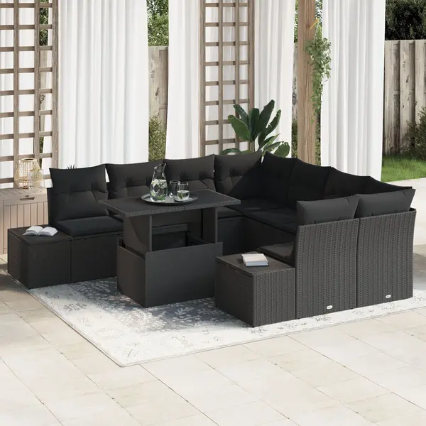 Gossi set de canapea de gradina 9 piese cu perne, ratan poly negru