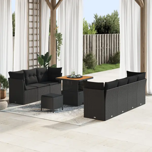 Gossi set de canapea de gradina cu 10 piese cu perne ratan poli negru acacia, Gossi set de dining pentru gradina cu 3 piese cu perne ratan poli negru acacia