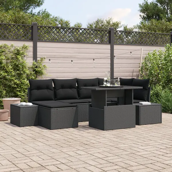 Gossi set de canapea de gradina cu 7 piese, cu perne, negru, poliratan