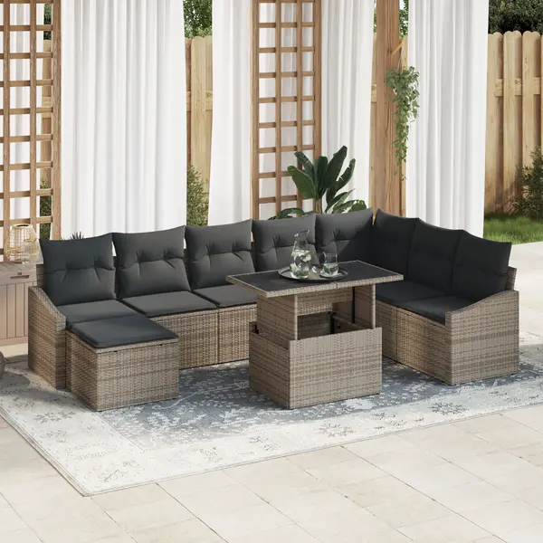 Gossi set de canapea de gradina cu 9 piese si perne gri din ratan poli