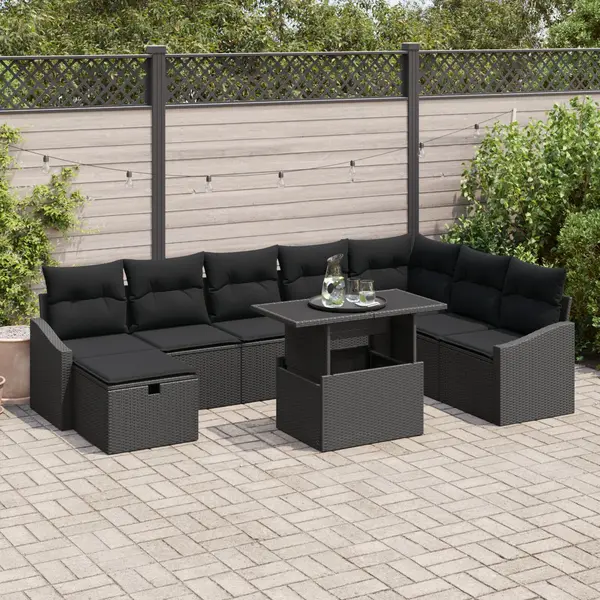 Gossi set de canapea de gradina cu 9 piese si perne negre din ratan poliester