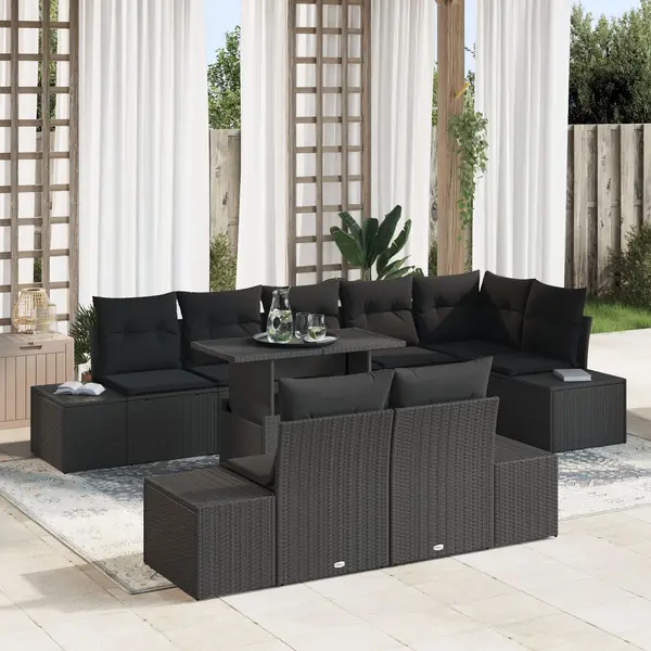 Gossi set de canapea de gradina cu 9 piese si perne negru din ratan poliester