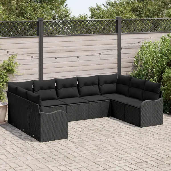 Gossi set de canapea de gradina cu 9 piese si perne, ratan poli, negru, Gossi canapea de gradina cu 2 locuri si perne, ratan poli, negru