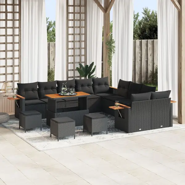 Gossi set de canapea de gradina cu perne 13 piese negru ratan poli acacia, Gossi set de dining pentru gradina cu perne 3 piese negru ratan poli acacia