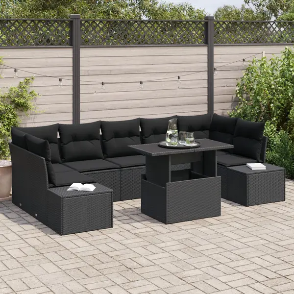 Gossi set de canapea de gradina cu perne, negru, ratan poli