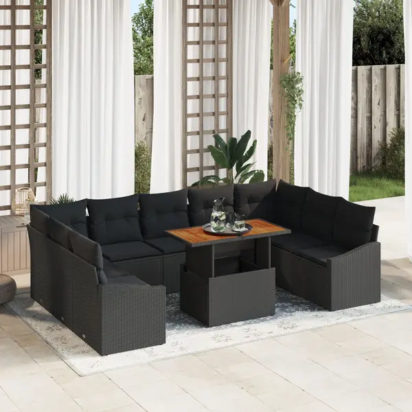 Gossi set de canapea pentru gradina 10 piese cu perne negru poliratan