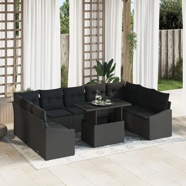 Gossi set de canapea pentru gradina , 10 piese, cu perne, negru, poliratan