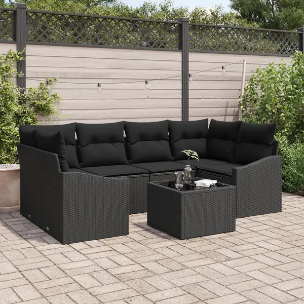 Gossi set de canapea pentru gradina , 7 piese, cu perne, negru, poliratan