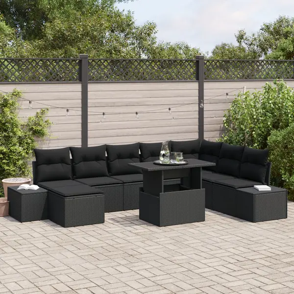 Gossi set de canapea pentru gradina , 9 piese, cu perne, ratan negru
