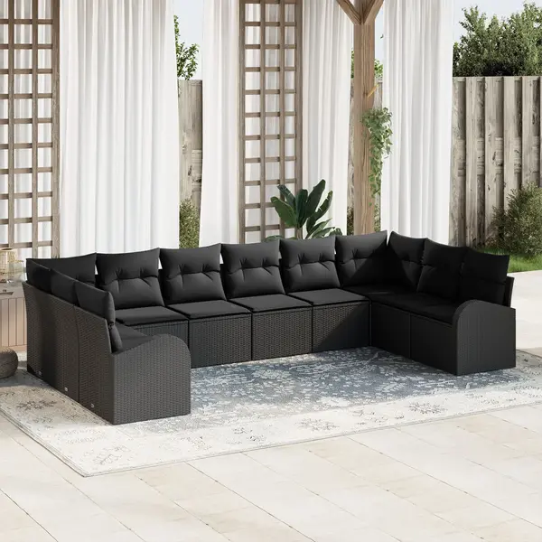 Gossi set de canapea pentru gradina cu 10 piese si perne, negru, din poli ratan