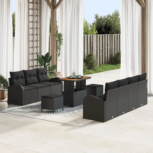 Gossi set de canapea pentru gradina cu 10 piese si pernute negru poliratan acacia, Gossi canapea pentru gradina cu 2 locuri si spatiu de stocare & pernute negru poliratan, Gossi set de dining pentru gradina cu 3 piese cu pernute negru poliratan acacia