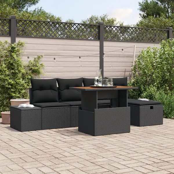 Gossi set de canapea pentru gradina de 6 piese cu perne, negru, poliratan