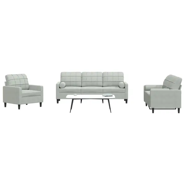 Gossi set de canapele cu perne, 3 piese, gri deschis, catifea