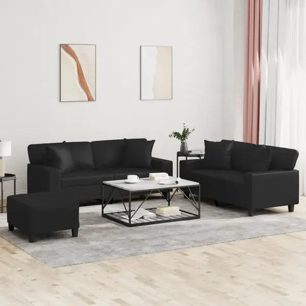 Gossi set de canapele cu perne, 3 piese, negru, piele ecologica